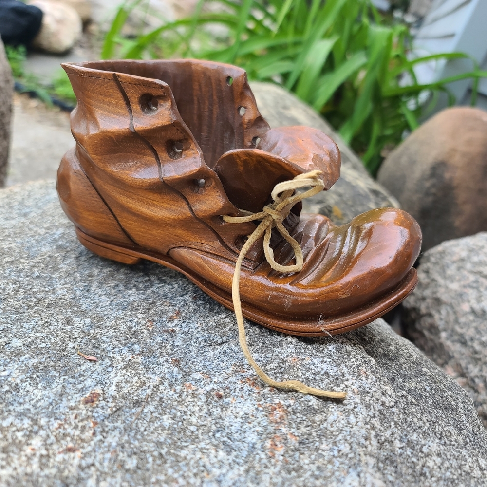 Carved Vintage wood shoe boot home decor